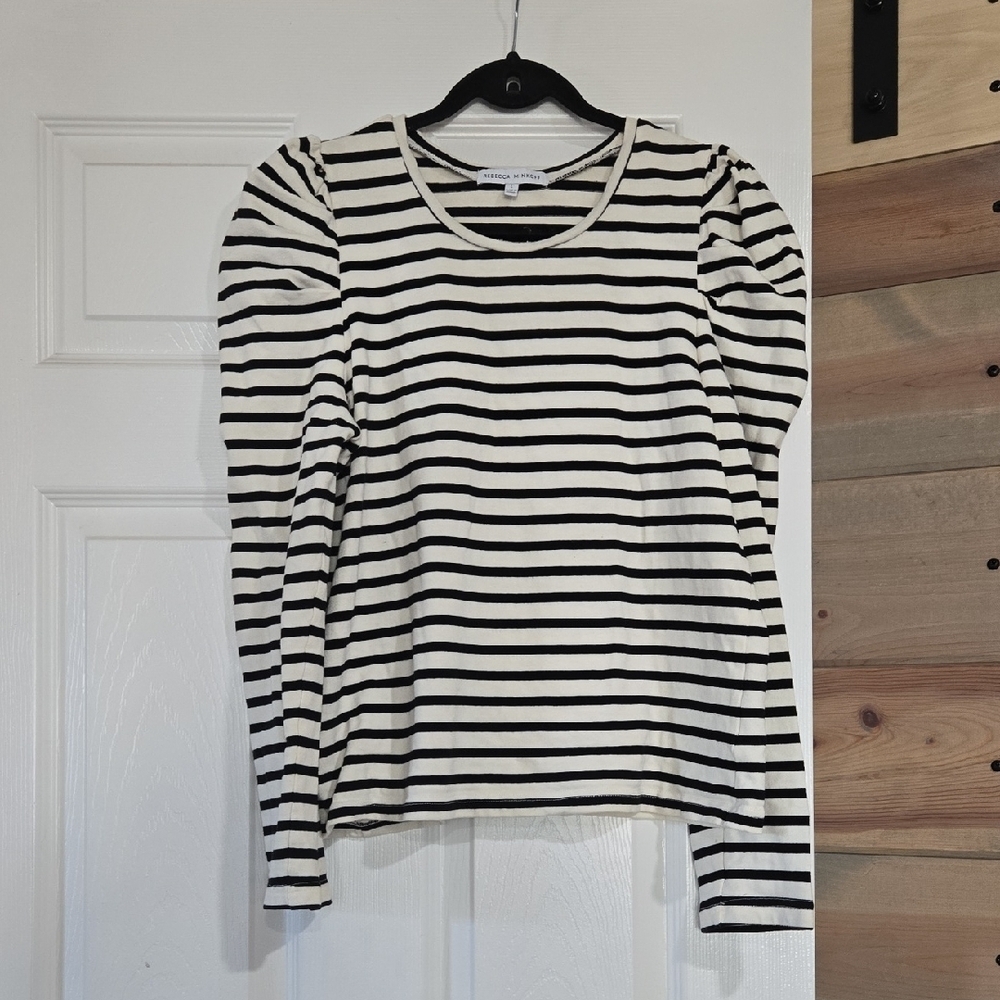 Rebecca Minkoff Talia Stripe Long Puff Sleeve Top Size Large